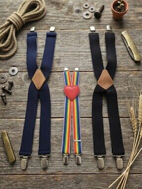 Vintage Set of 3 Men's Suspenders - Navy, Black & Rainbow, Pre-owned